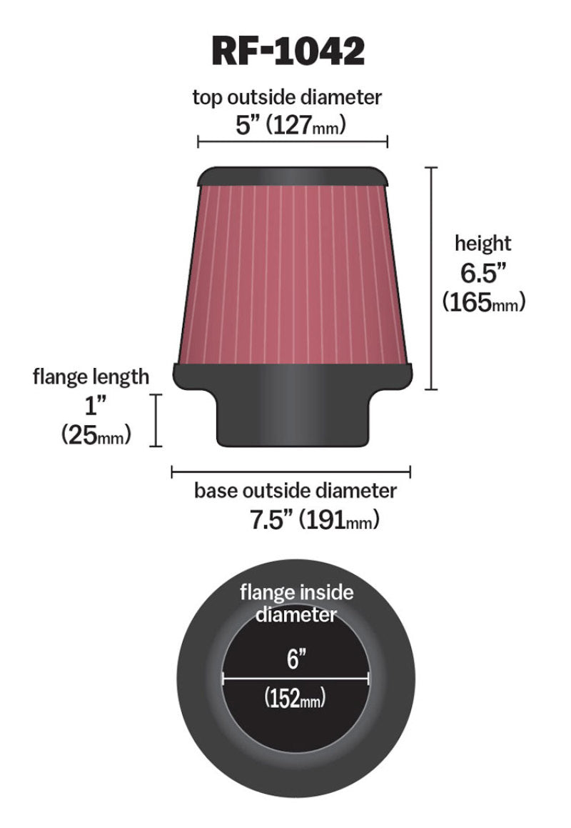 K&N Round Tapered Universal Air Filter 6in Flange ID x 7.5in Base OD x 5in Top OD x 6.5in Height - Burkken Auto Parts