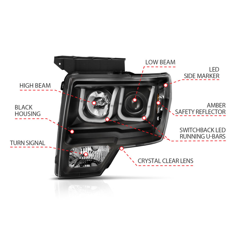 ANZO 2009-2014 Ford F-150 Projector Headlights w/ U-Bar Switchback Black w/ Amber - Burkken Auto Parts