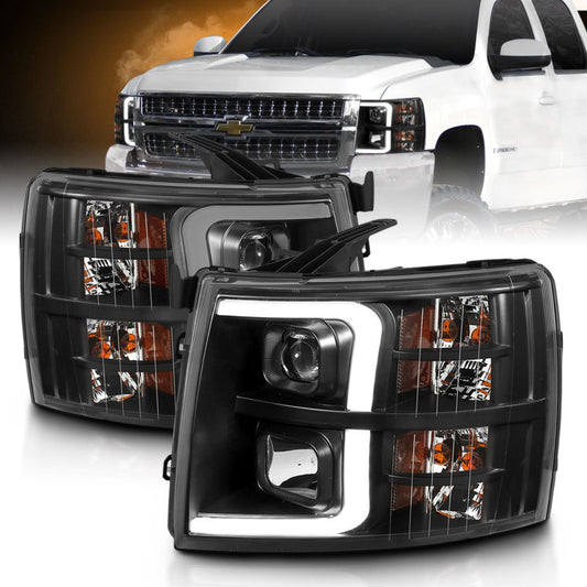 ANZO 07-13 Chevrolet Silverado 3500 Projector Headlights - Black Amber - Burkken Auto Parts