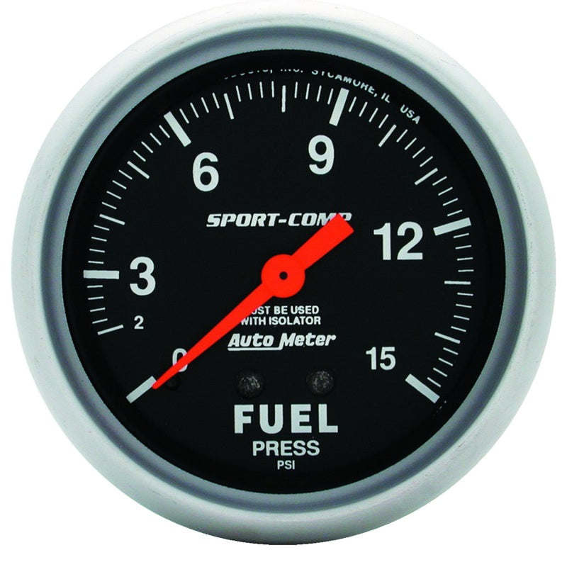 AutoMeter Gauge Fuel Pressure 2-5/8in. 15PSI Mechanical W/Isolator Sport-Comp - Burkken Auto Parts