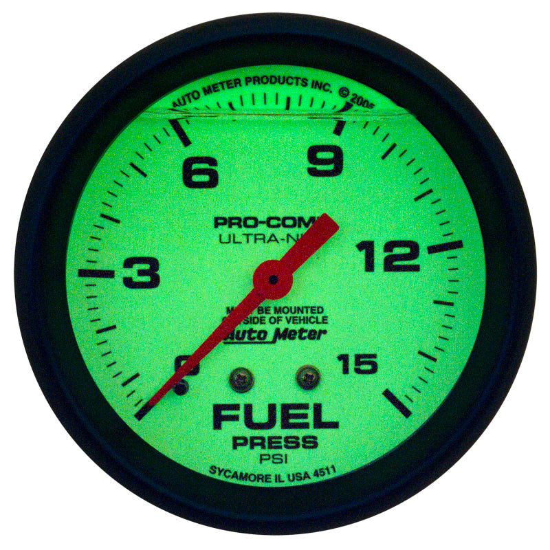 Autometer Ultra-Nite 2-5/8in 15psi Mechanical Glow In The Dark Fuel Pressure Gauge - Burkken Auto Parts