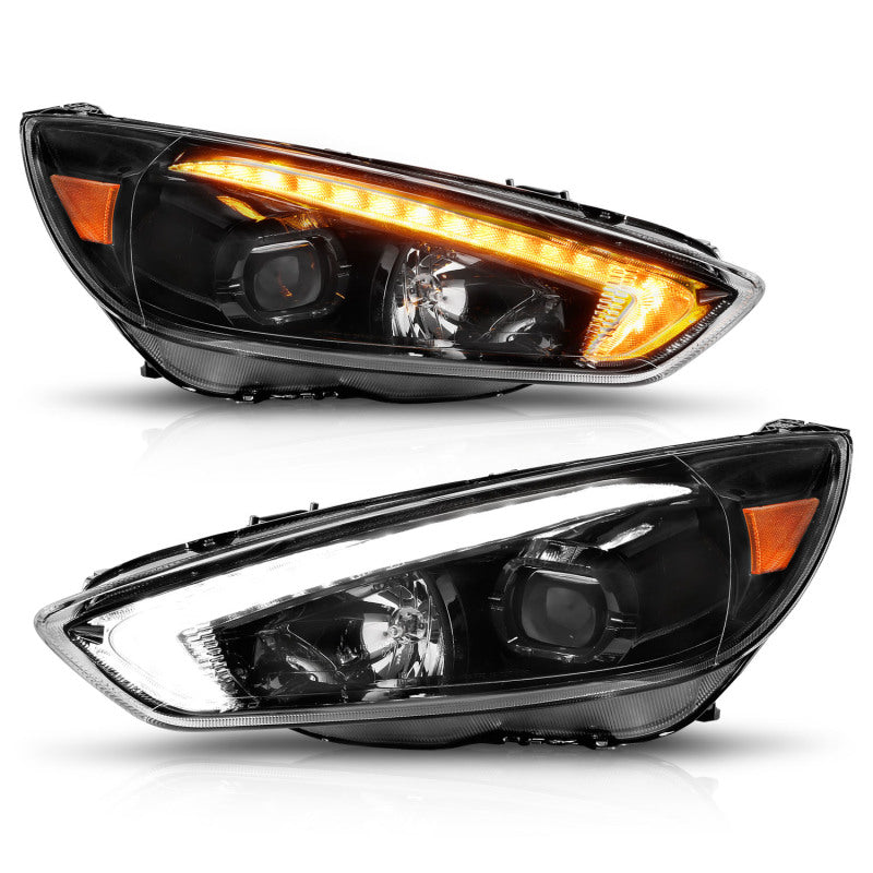 ANZO 15-18 Ford Focus Projector Headlights - w/ Light Bar Switchback Black Housing - Burkken Auto Parts