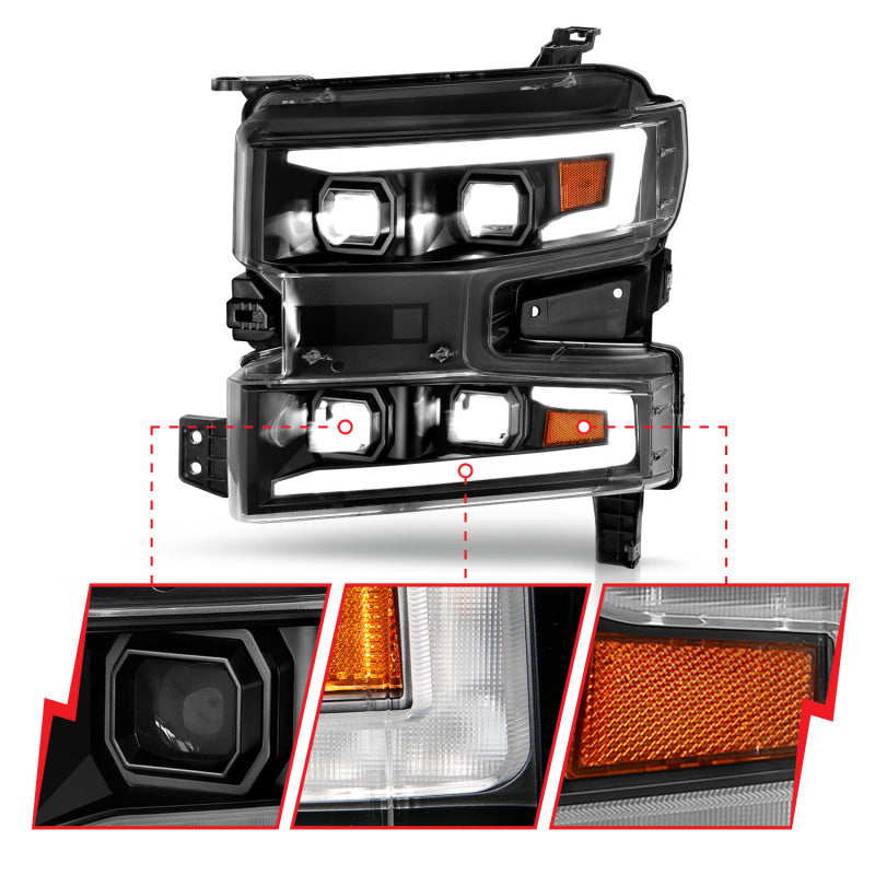 ANZO 19-22 Chevrolet Silverado 1500 LED Proj HL w/Lgt Bar SwBk Seq. Blk w/In. Light - Passenger Side - Burkken Auto Parts