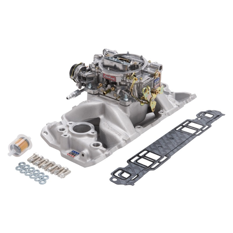 Edelbrock Manifold And Carb Kit Performer Air-Gap Small Block Chevrolet 1957-1986 Natural Finish - Burkken Auto Parts