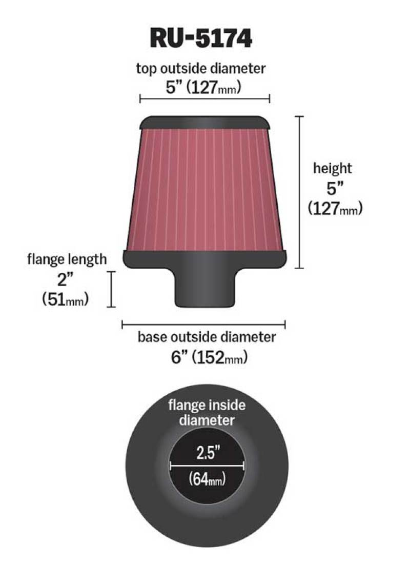 K&N Universal Rubber Filter-Round Tapered 2.5in Flange ID x 6in Base OD x 5in Top OD x 5in Height - Burkken Auto Parts