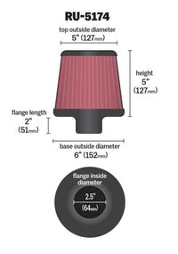 K&N Universal Rubber Filter-Round Tapered 2.5in Flange ID x 6in Base OD x 5in Top OD x 5in Height - Burkken Auto Parts