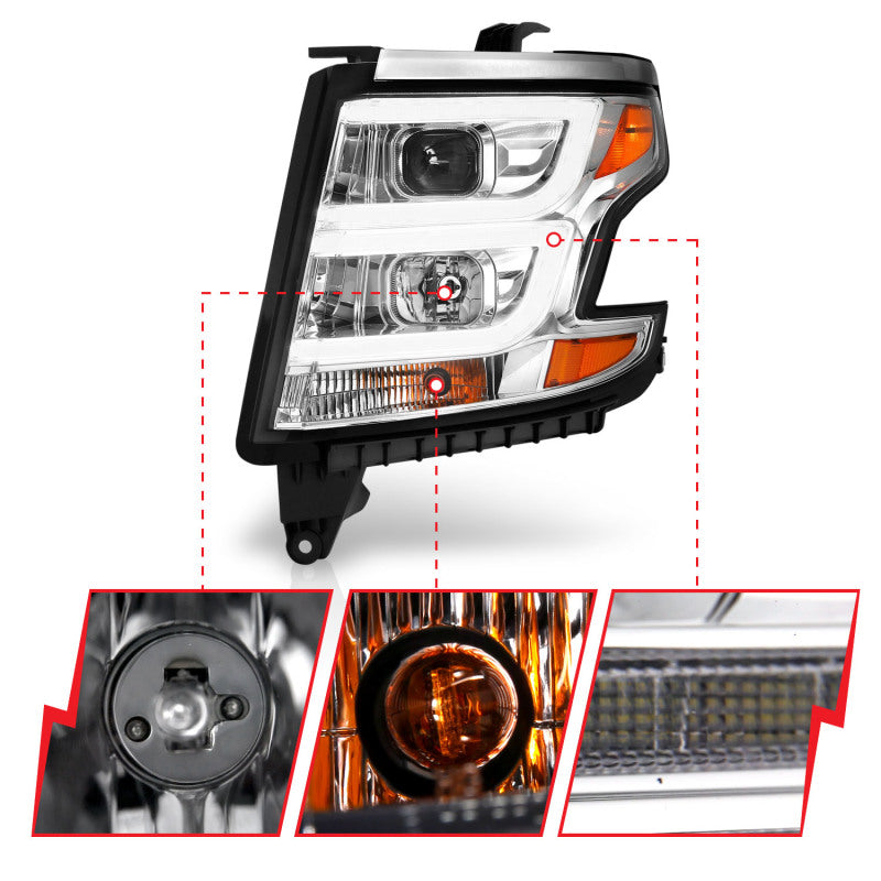 ANZO 2015-2020 Chevy Tahoe Projector Headlights Plank Style Chrome w/DRL - Burkken Auto Parts