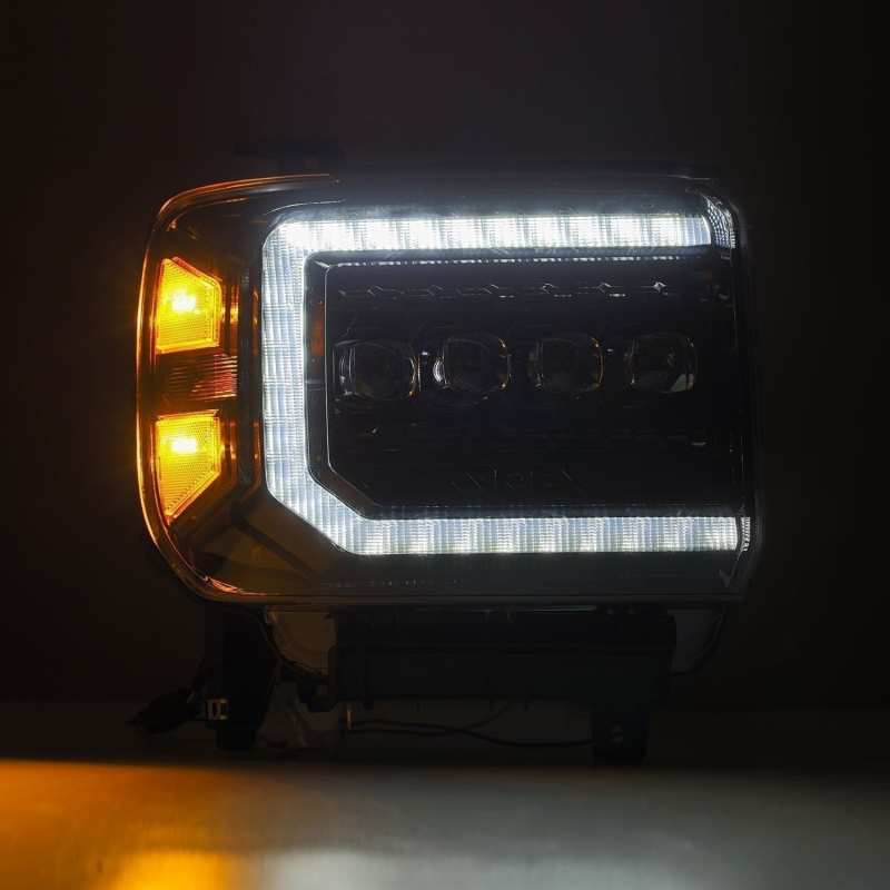 AlphaRex 14-18 GMC Sierra NOVA LED Proj Headlights Plnk Style Alpha Blk w/Activ Light/Seq Signal/DRL - Burkken Auto Parts
