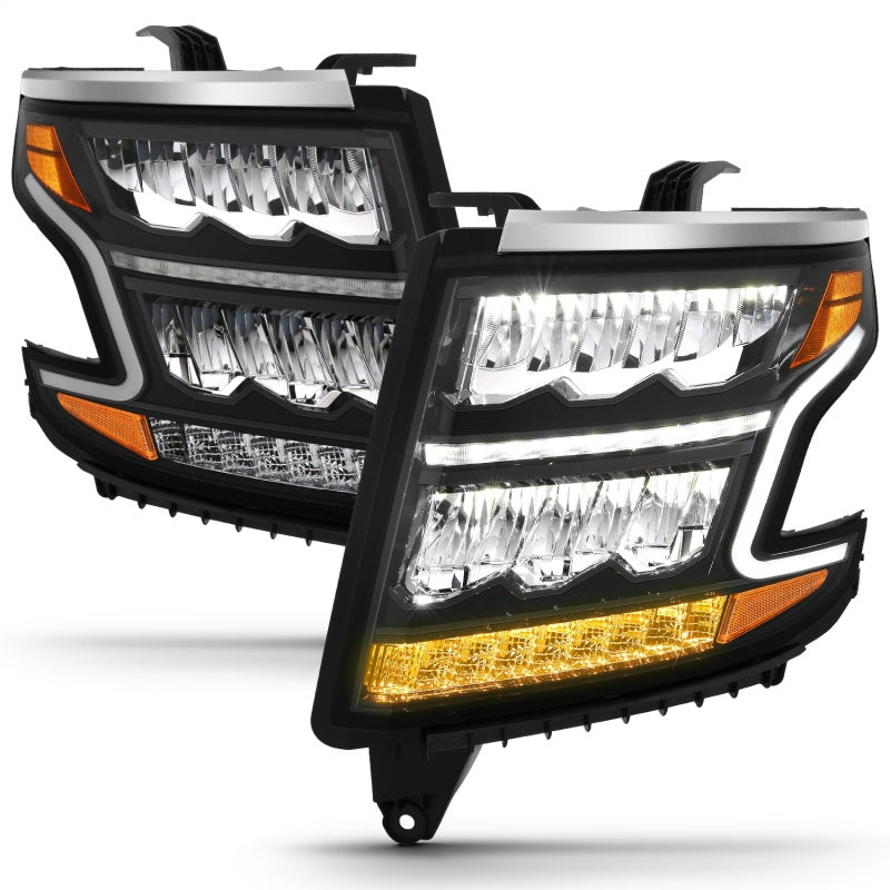 ANZO 15-20 Chevy Tahoe/Suburban LED Light Bar Style Headlights Black w/Sequential w/DRL w/Amber - Burkken Auto Parts
