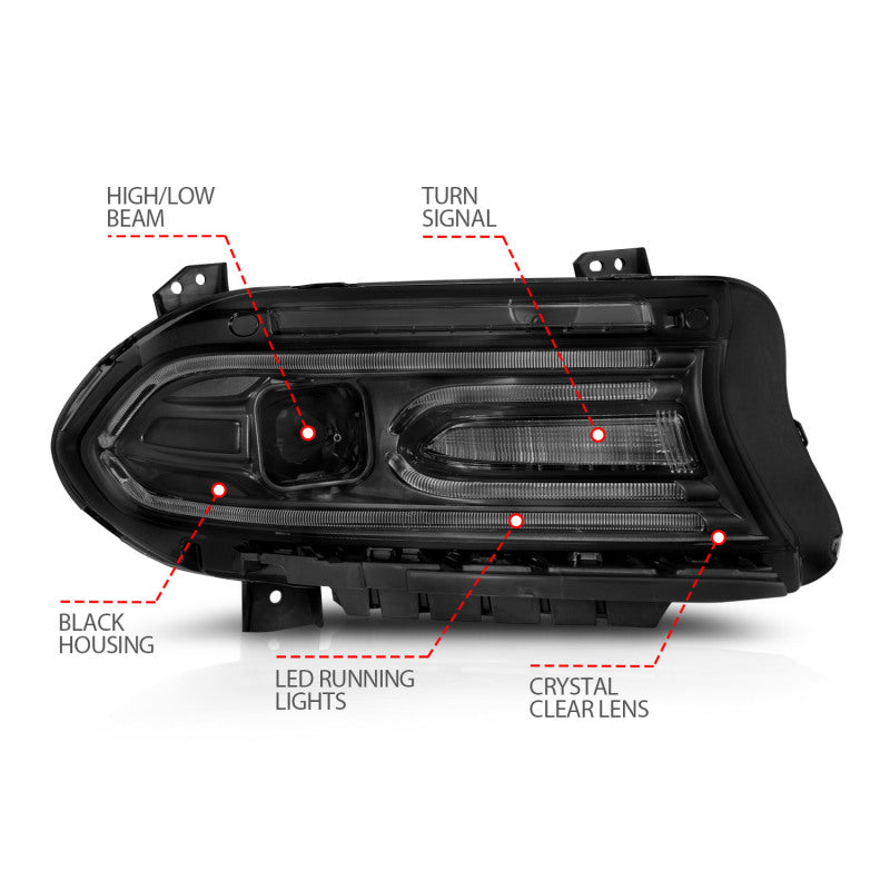 ANZO 2015-2018 Dodge Charger Projector Headlights Plank Style Black - Burkken Auto Parts
