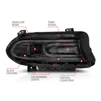 ANZO 2015-2018 Dodge Charger Projector Headlights Plank Style Black - Burkken Auto Parts
