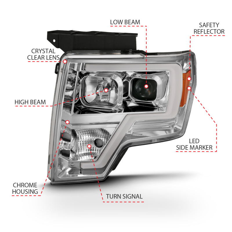 ANZO 2009-2014 Ford F-150 Projector Headlight Plank Style Chrome Amber - Burkken Auto Parts