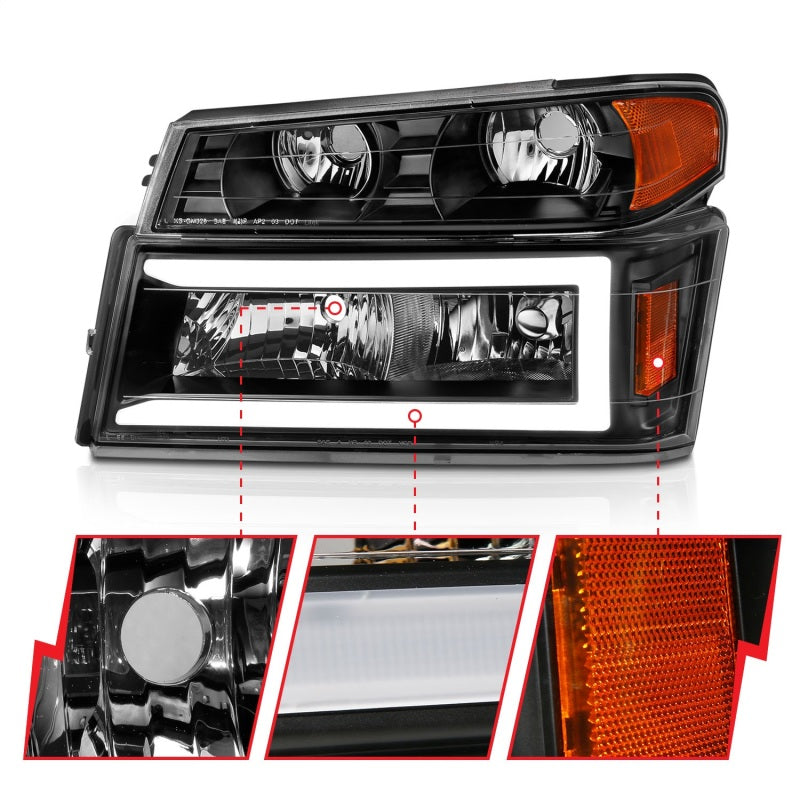 ANZO 04-12 GM Colorado/Canyon/I-Series Crystal Headlights - w/ Light Bar Black Housing 4pcs - Burkken Auto Parts