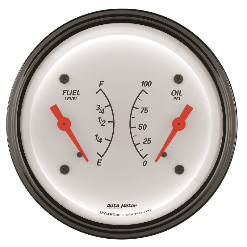 AutoMeter Gauge Dual Fuel & Oilp 3-3/8in. 0 Ohm(e) to 90 Ohm(f)& 100PSI Elec Arctic White - Burkken Auto Parts