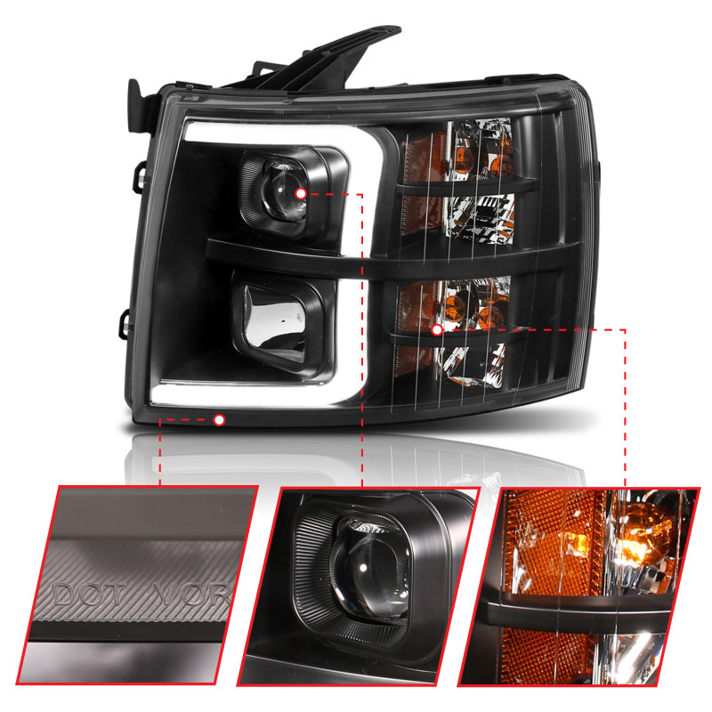 ANZO 07-13 Chevrolet Silverado 1500 Plank Style Projector Headlights Black w/ Amber - Burkken Auto Parts