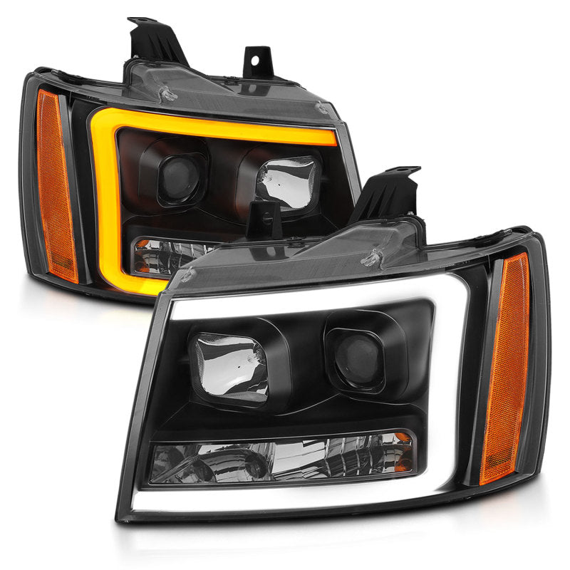 ANZO 07-14 Chevy Tahoe Projector Headlights w/ Plank Style Design Black w/ Amber - Burkken Auto Parts