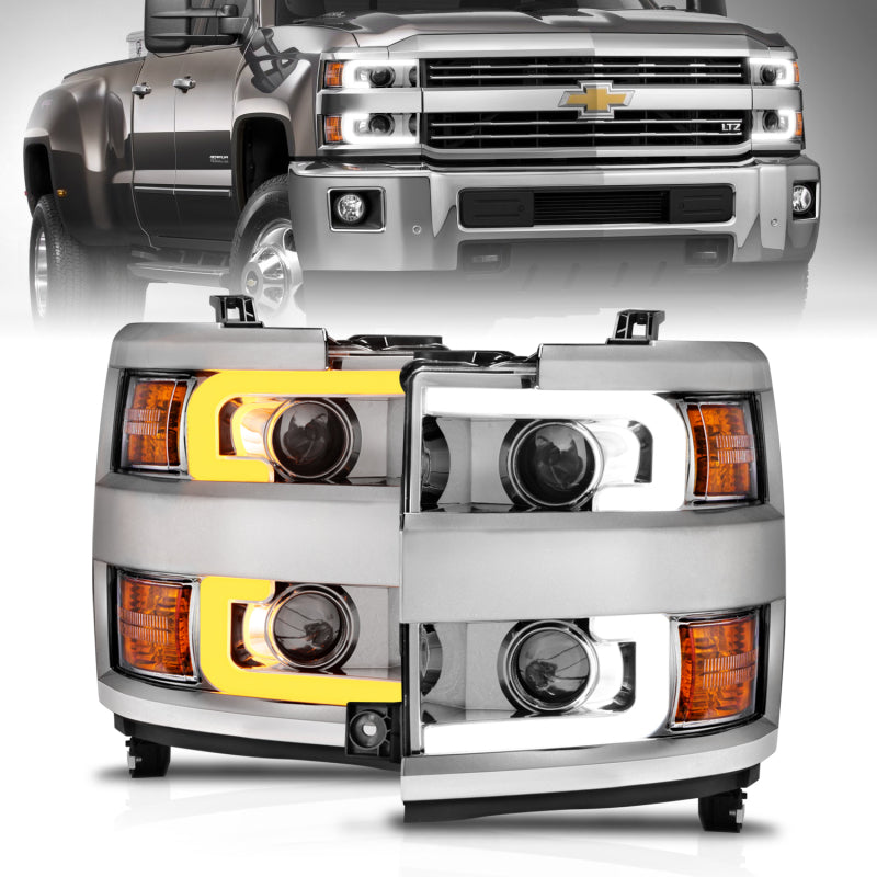 ANZO Projector Headlights 15-17 Chevrolet Silverado 2500HD / 3500HD Chrome w/ Chrome Rim - Burkken Auto Parts