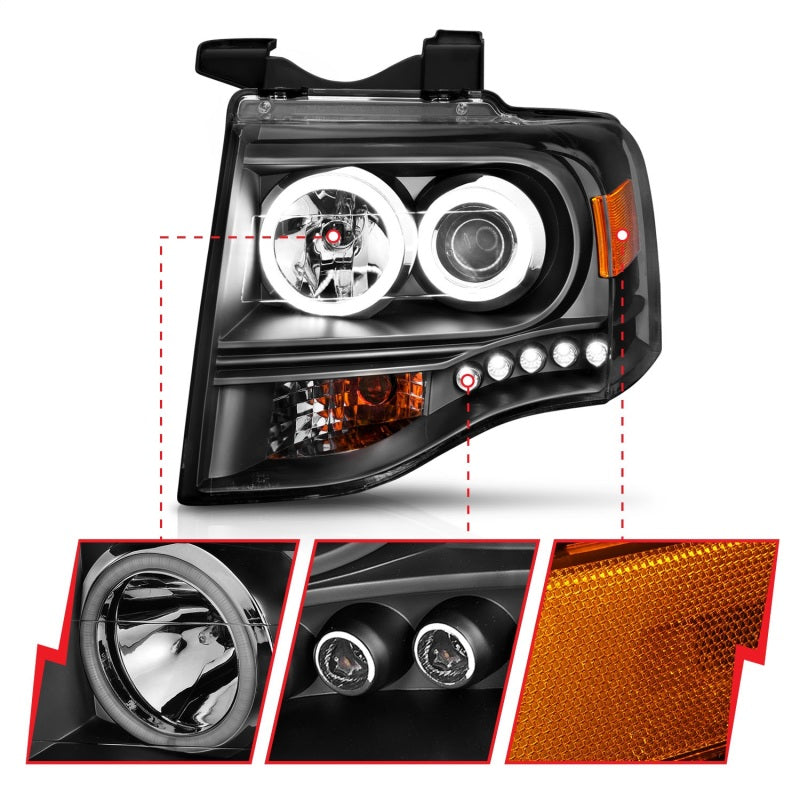 ANZO 2007-2014 Ford Expedition Projector Headlights w/ Halo Black - Burkken Auto Parts
