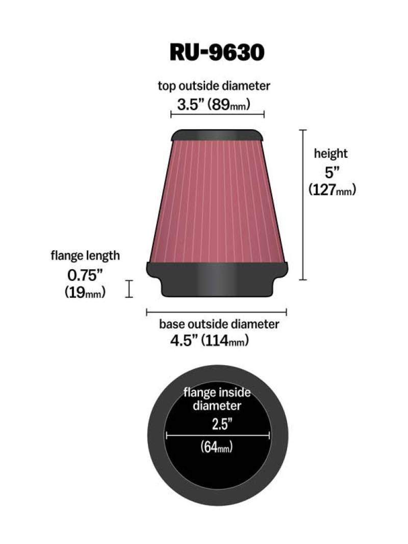 K&N Universal Tapered Filter 2.5in Flange ID x 4.5in Base OD x 3.5in Top OD x 5in Height - Burkken Auto Parts