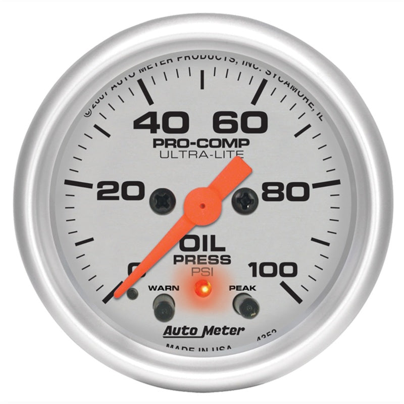 Autometer Ultra-Lite 52mm 0-100 PSI F/S Electronic Oil Pressure w/ Peak Memory & Warning Gauge - Burkken Auto Parts