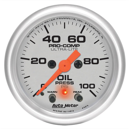 Autometer Ultra-Lite 52mm 0-100 PSI F/S Electronic Oil Pressure w/ Peak Memory & Warning Gauge - Burkken Auto Parts