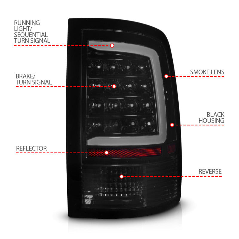 ANZO 09-18 Dodge Ram 1500 Full LED Taillights w/ Sequential Black Housing/Smoke Lens - Burkken Auto Parts