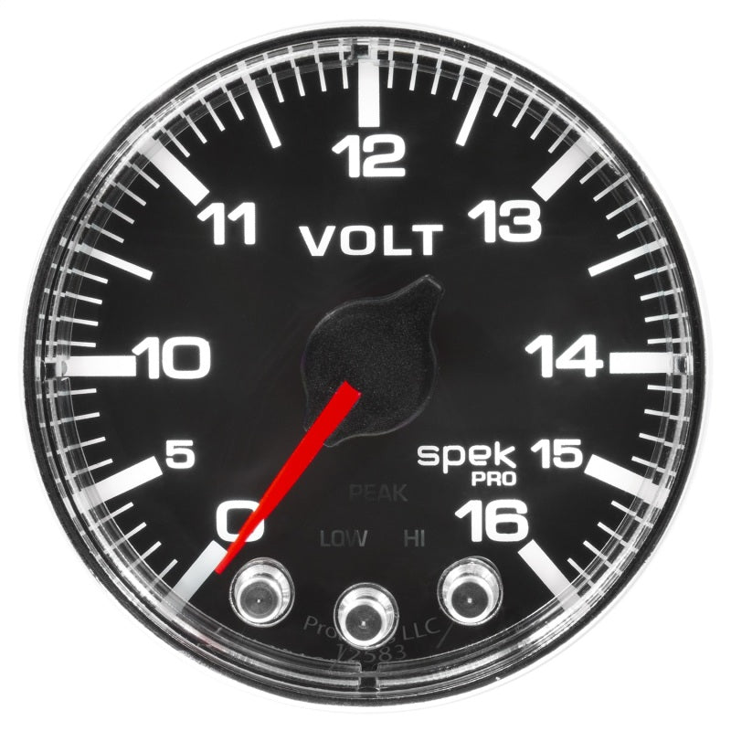 Autometer Spek-Pro Gauge Voltmeter 2 1/16in 16V Stepper Motor W/Peak & Warn Blk/Chrm - Burkken Auto Parts