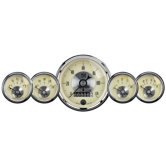 AutoMeter Gauge Kit 5 Pc 3-3/8in. & 2-1/16in. Elec Speedo W/Wheel Odo Prestige Antq. Ivory - Burkken Auto Parts