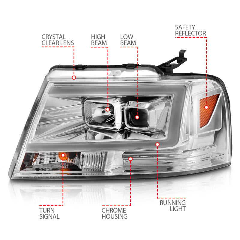 ANZO 2004-2008 Ford  F-150 Projector Headlights w/ Light Bar Chrome Housing - Burkken Auto Parts