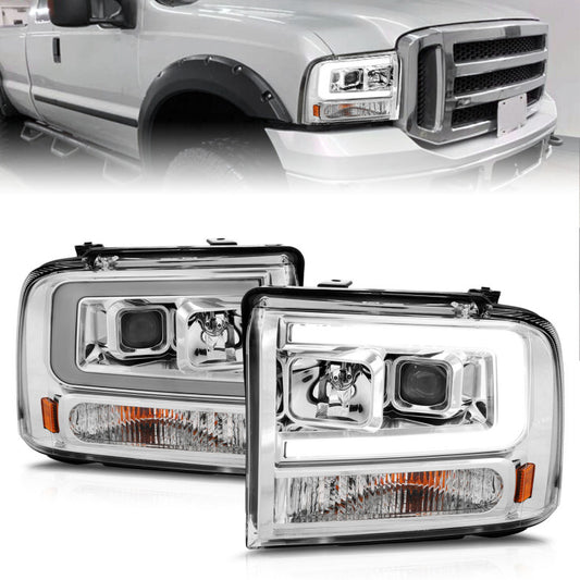 ANZO 99-04 Ford F250/F350/F450/Excursion (excl 99) Projector Headlights - w/Light Bar Chrome Housing - Burkken Auto Parts