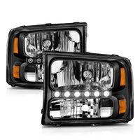 ANZO 2000-2004 Ford Excursion Crystal Headlights Black w/ LED 1pc - Burkken Auto Parts