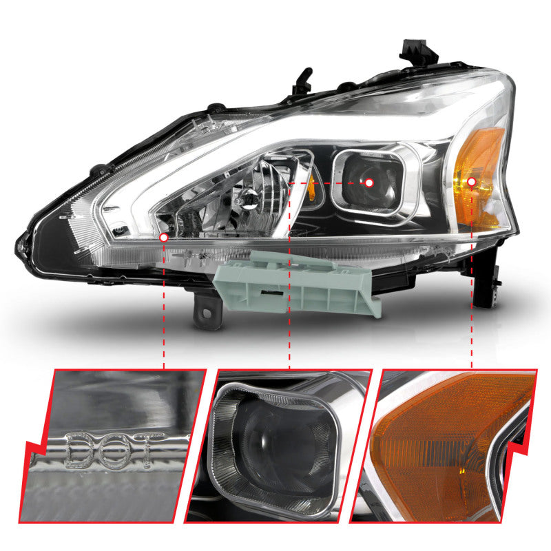 ANZO 13-15 Nissan Altima (w/o Factory HID Bulbs) Projector Headlights - w/ Light Bar Chrome Housing - Burkken Auto Parts