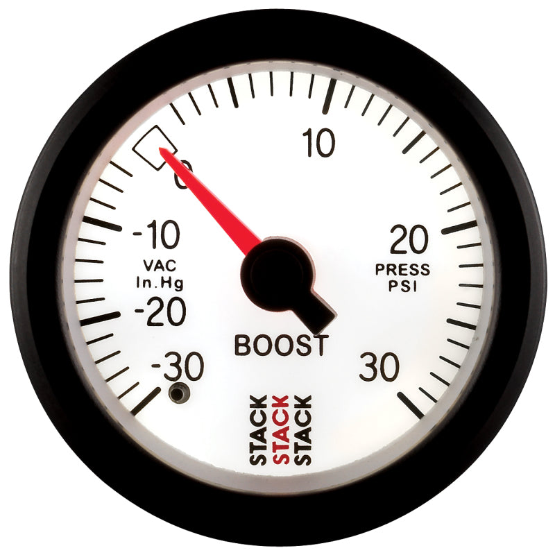 Autometer Stack 52mm -30INHG to +30 PSI (Incl T-Fitting) Mechanical Boost Pressure Gauge - White - Burkken Auto Parts