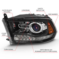 ANZO 2009-2018 Dodge Ram 1500 Projector Plank Style Switchback H.L Halo Black Amber (OE Style) - Burkken Auto Parts