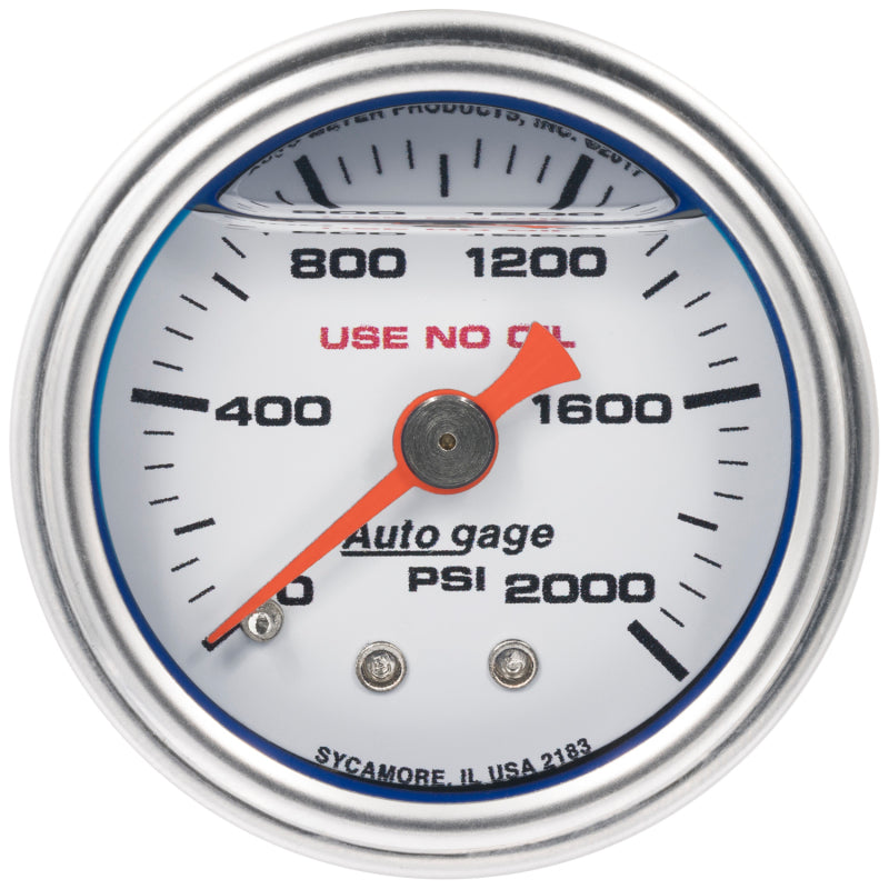 Autometer AutoGage 1.5in Liquid Filled Mechanical 0-2000 PSI Fuel Pressure Gauge - White - Burkken Auto Parts