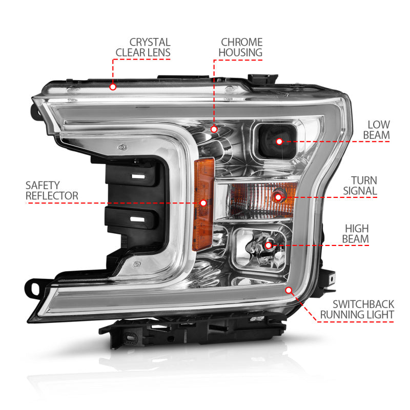 ANZO 2018-2020 Ford F-150 Projector Headlight w/Plank Style Switchback Chrome Housing - Burkken Auto Parts