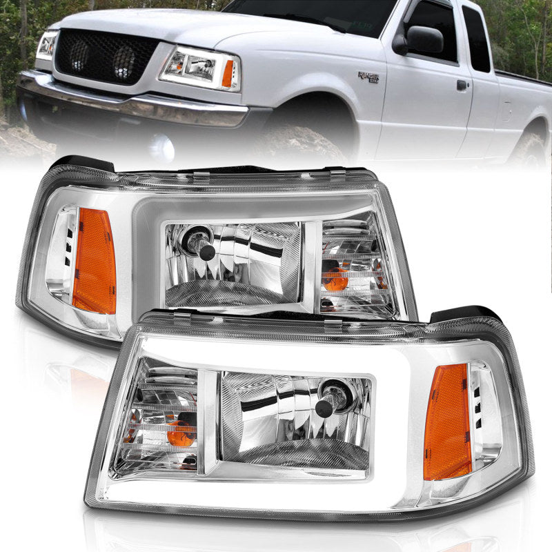 ANZO 2001-2011 Ford Ranger Crystal Headlights w/ Light Bar Chrome Housing - Burkken Auto Parts
