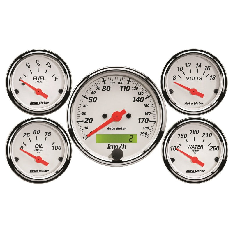 Autometer Arctic White 5 Pc Kit Box w/ Elec KMH Speedo, Elec Oil Press, Water Temp, Volt, Fuel Level - Burkken Auto Parts
