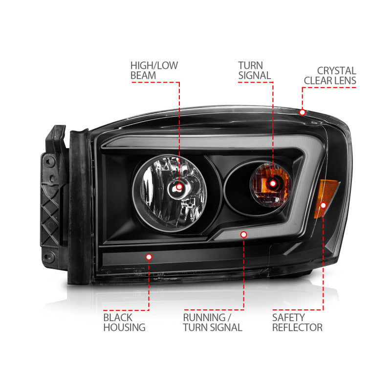 ANZO 06-09 Dodge RAM 1500/2500/3500 Headlights Black Housing/Clear Lens (w/Switchback Light Bars) - Burkken Auto Parts