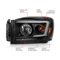 ANZO 06-09 Dodge RAM 1500/2500/3500 Headlights Black Housing/Clear Lens (w/Switchback Light Bars) - Burkken Auto Parts
