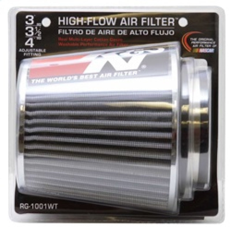 K&N Universal Filter Chrome Round Tapered White - 4in Flange ID x 1.125in Flange Length x 5.5in H - Burkken Auto Parts