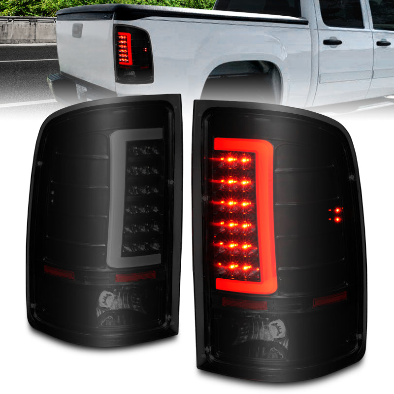 ANZO 2007-2013 GMC Sierra LED Tail Lights w/ Light Bar Black Housing Smoke Lens - Burkken Auto Parts