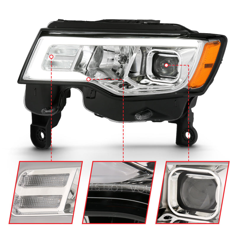 ANZO 2017-2018 Jeep Grand Cherokee Projector Headlights w/ Plank Style Switchback - Chrome w/ Amber - Burkken Auto Parts
