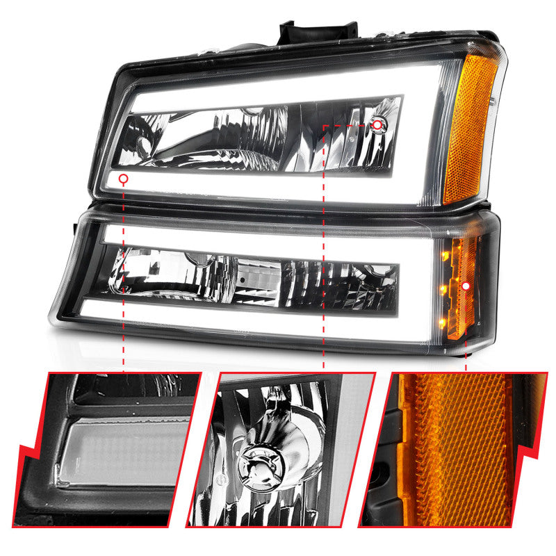ANZO 2003-2006 Chevrolet Silverado 1500 Crystal Headlights w/ Light Bar Black Housing - Burkken Auto Parts