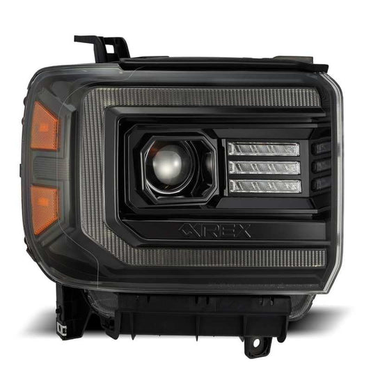 AlphaRex 14-18 GMC Sierra LUXX LED Proj Headlights Plnk Style Alpha Blk w/Activ Light/Seq Signal/DRL - Burkken Auto Parts
