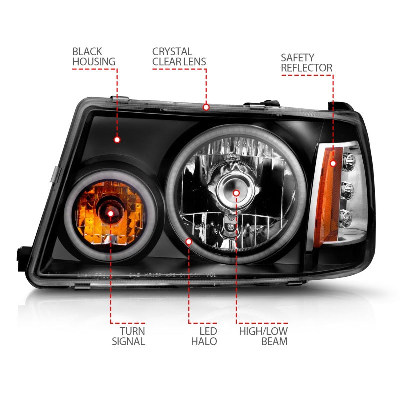 ANZO 2001-2011 Ford Ranger Projector Headlights w/ Halo Black (CCFL) 1 pc - Burkken Auto Parts