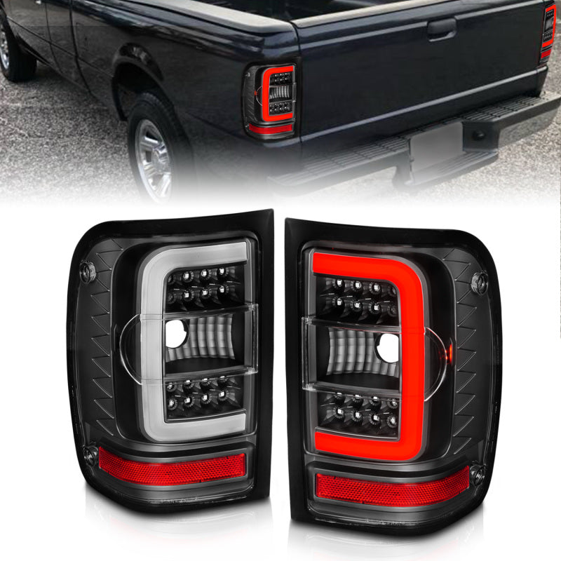 ANZO 2001-2011 Ford  Ranger LED Tail Lights w/ Light Bar Black Housing Clear Lens - Burkken Auto Parts