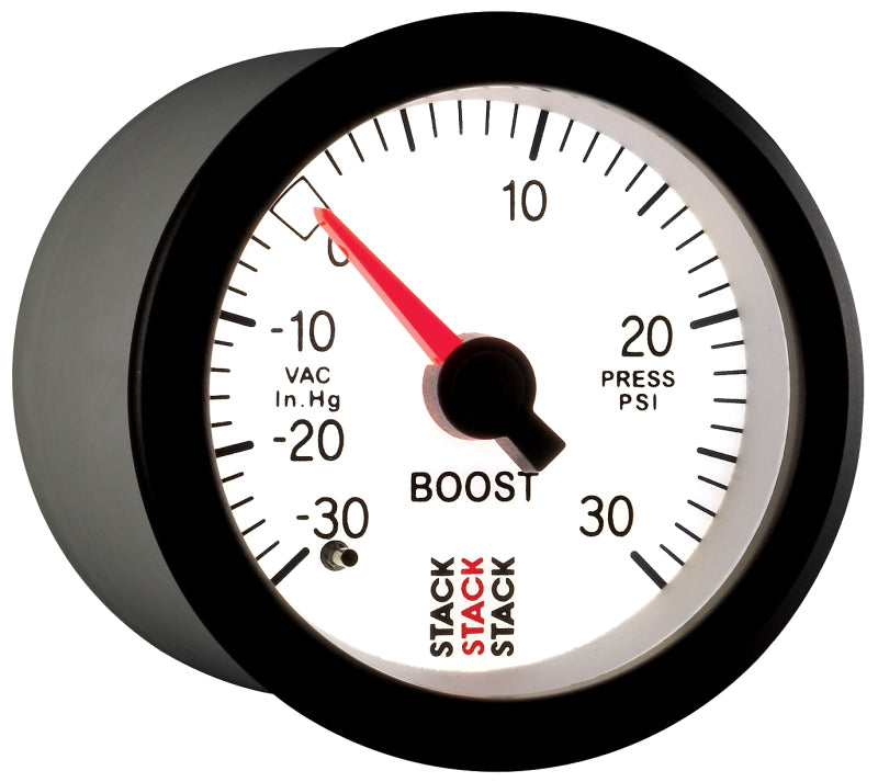 Autometer Stack 52mm -30INHG to +30 PSI (Incl T-Fitting) Mechanical Boost Pressure Gauge - White - Burkken Auto Parts