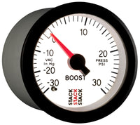 Autometer Stack 52mm -30INHG to +30 PSI (Incl T-Fitting) Mechanical Boost Pressure Gauge - White - Burkken Auto Parts