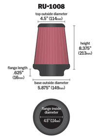 K&N Universal Clamp-On Air Filter 4-1/2in FLG / 5-7/8in B / 4-1/2in T / 8-3/8in H - Burkken Auto Parts